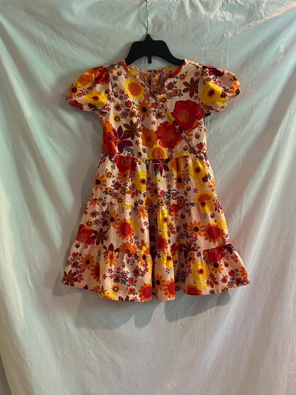 Gymboree Girls 5T Fall Floral Peach Red Tiered Short Sleeve Dress
